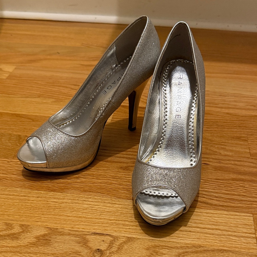 Rampage Shimmering Silver Peep-Toe Heels